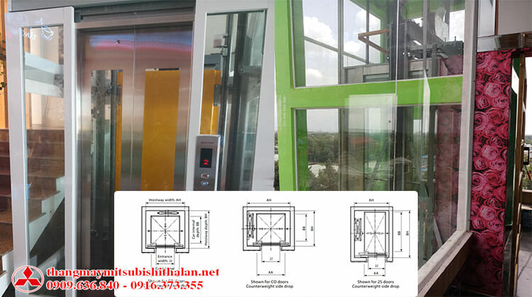 Kích thước thang máy gia đình Mitsubishi 350kg, 450kg, 630kg, 750kg